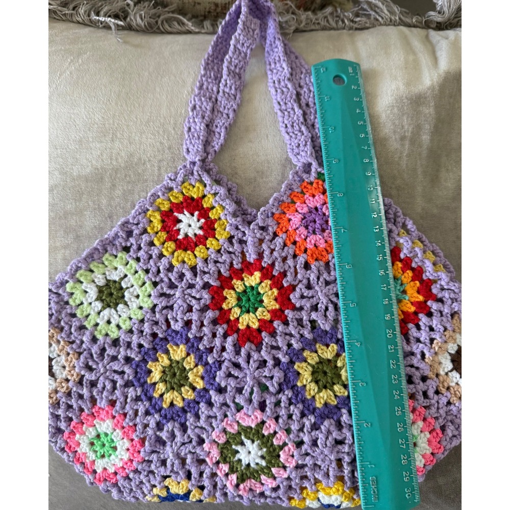 Handmade Crochet Granny Square Tote Bag PurpleMulti whimsi Boho Retro purse mini - Picture 4 of 4